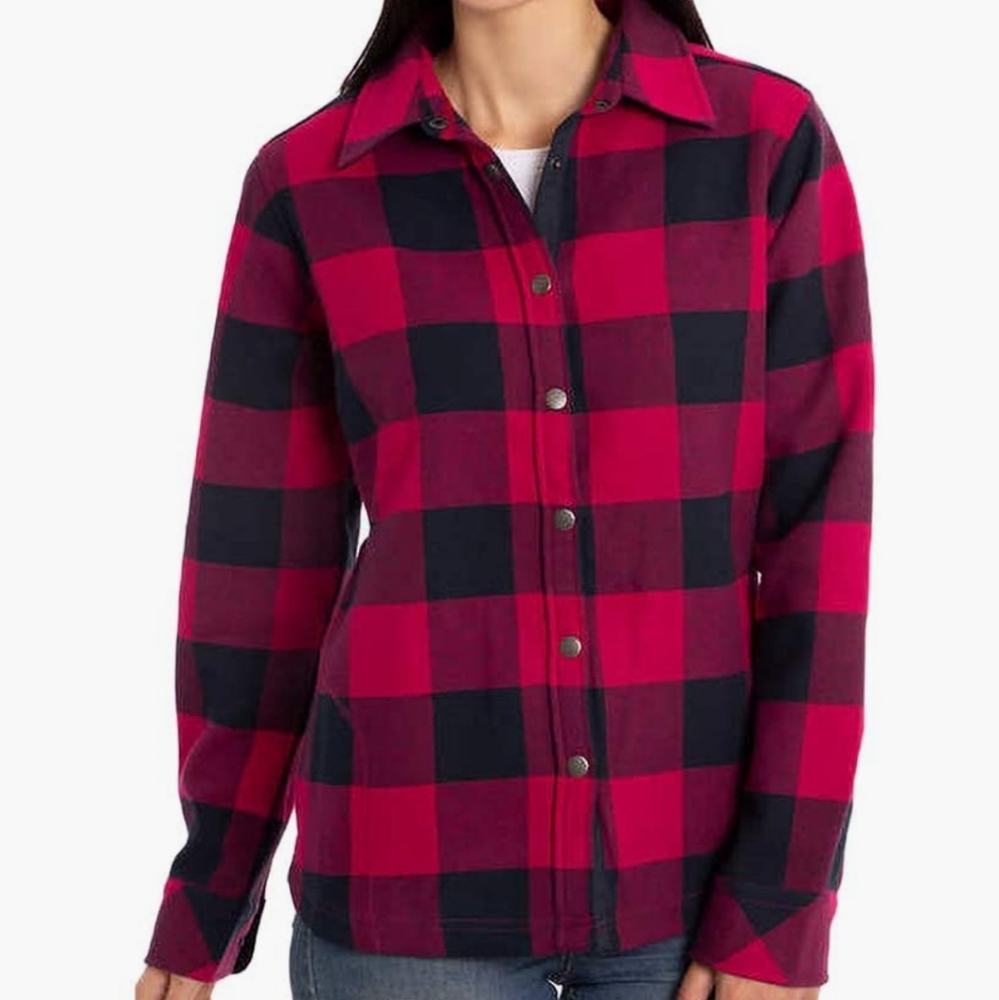 Orvis Flannel Shirt Jacket L Red Blue Check Snap Front Womens Buffalo Plaid